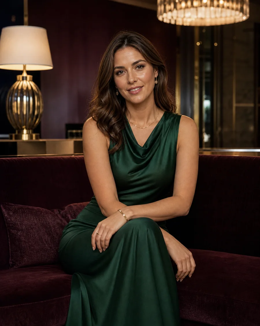 Woman in an emerald evening dress in an elegant Las Vegas hotel lounge