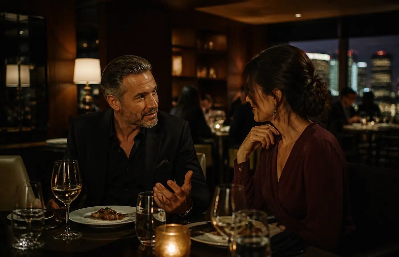 A couple talking over dinner in a warmly lit Las Vegas restaurant