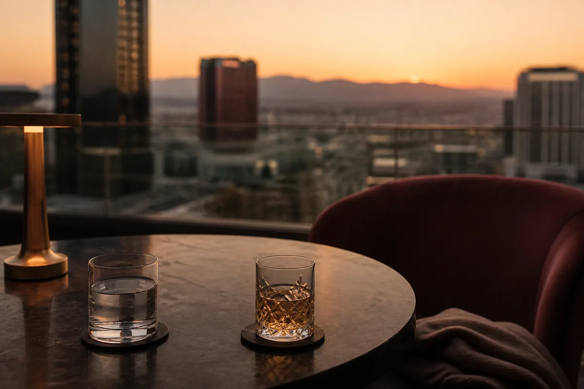 Rooftop bar overlooking the Las Vegas skyline at sunset