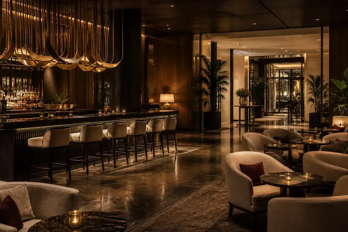 A softly lit hotel bar with seating suited to a first meeting