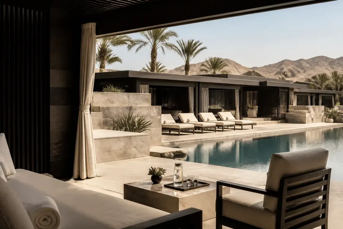 Cabanas and loungers beside a Las Vegas resort pool