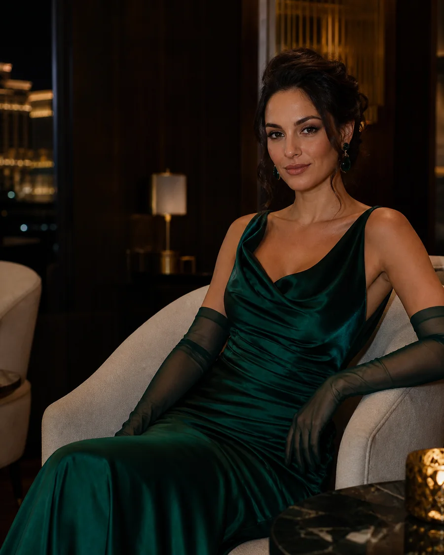 Woman in an emerald satin evening gown and long gloves in a refined Las Vegas hotel lounge