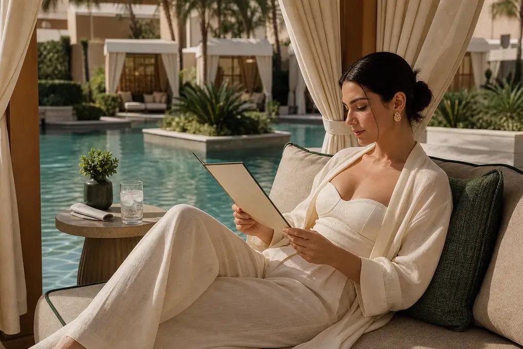 Woman relaxing in an elegant private cabana beside a Las Vegas resort pool