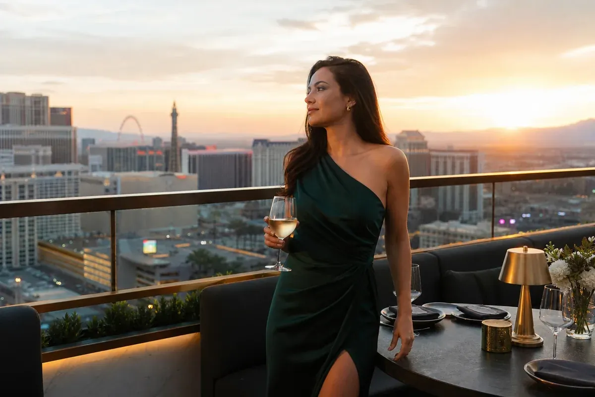 Woman in an emerald evening dress at a Las Vegas rooftop lounge at sunset