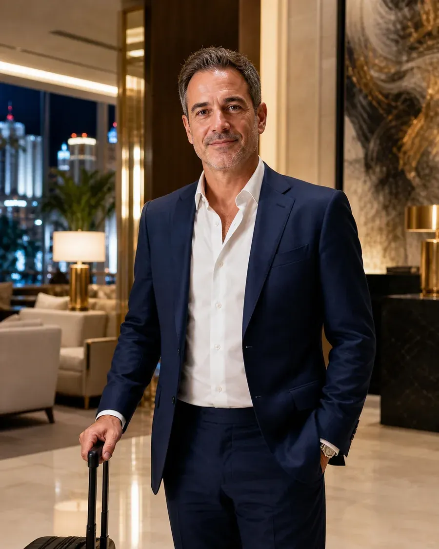 Mature business traveller in a tailored navy suit in a Las Vegas hotel lobby