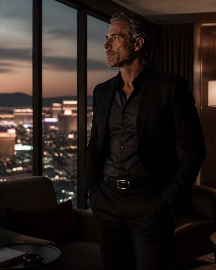 Man in a dark tailored jacket in a Las Vegas hotel suite at dusk