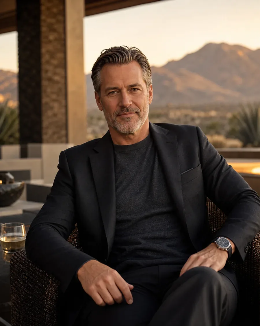 Mature man in refined smart-casual dress on a Summerlin terrace